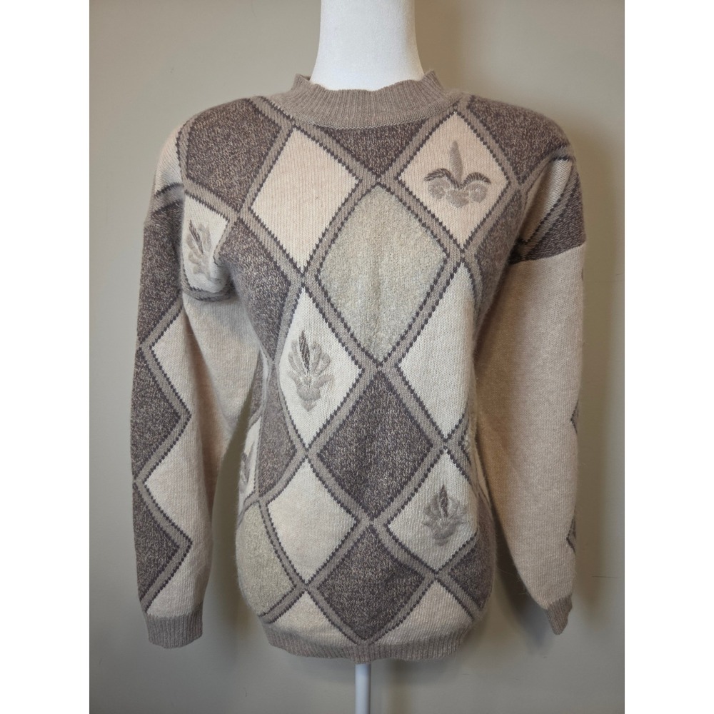 Jeanne Pierre Vintage Lambswool Angora Argyle Fleur De Lis Sweater Tan Brown M